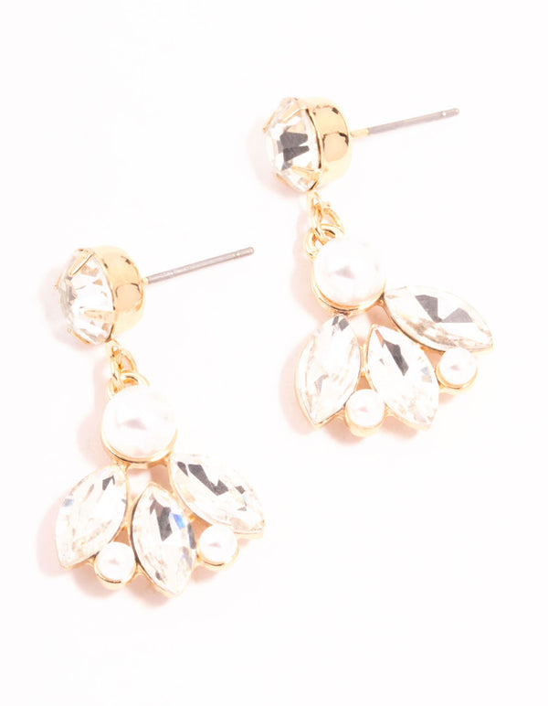 Gold Diamante & Pearl Marquise Drop Earrings