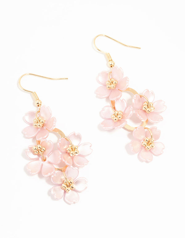 Lilac Pearlised Flower Vine Gold Drop Earrings