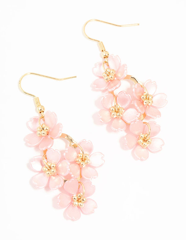 Pink Pearlised Flower Vine Gold Drop Earrings