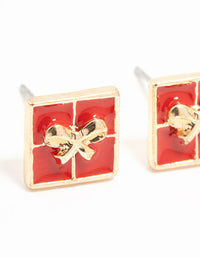 Red Enamel Present Gold Stud Earrings - link has visual effect only