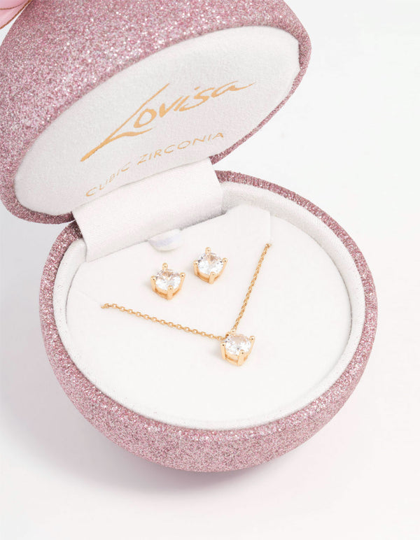 Gold Cubic Zirconia  Necklace & Stud Earrings Set