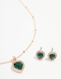 Green Diamante Heart Necklace & Stud Earrings Set - link has visual effect only