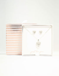 Silver Diamante Heart Necklace & Stud Earrings Set - link has visual effect only