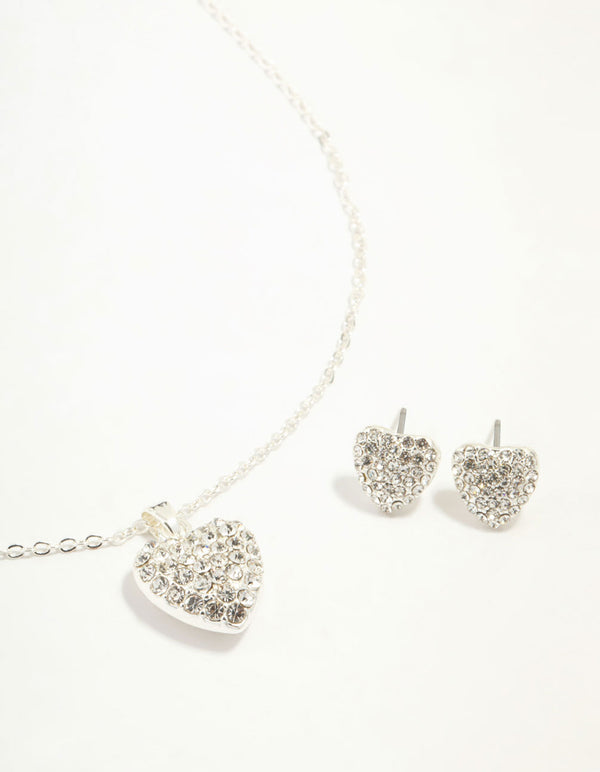 Silver Diamante Heart Necklace & Stud Earrings Set