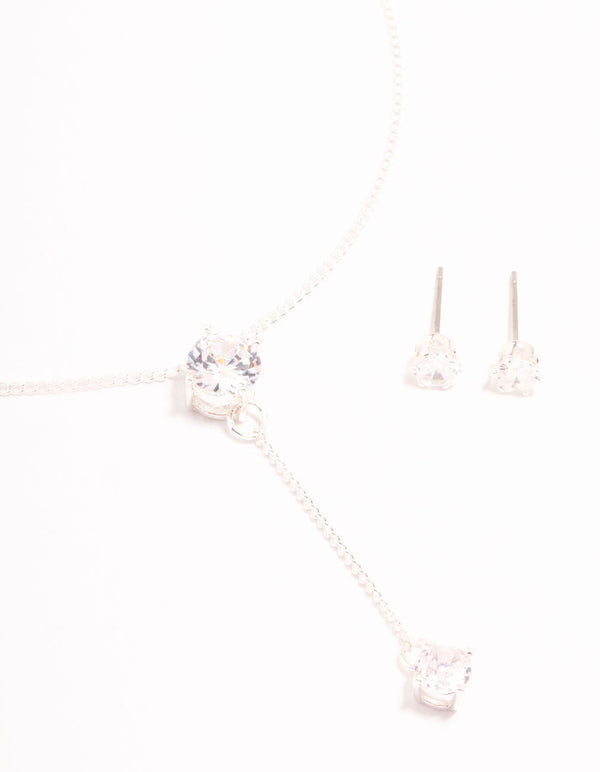 Silver Diamante Y-Necklace & Stud Earrings Set