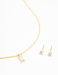 Gold Baguette Cut Diamante Necklace & Stud Earrings Set - link has visual effect only