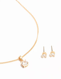 Gold Solitaire Cubic Zirconia Necklace & Stud Earrings Set - link has visual effect only