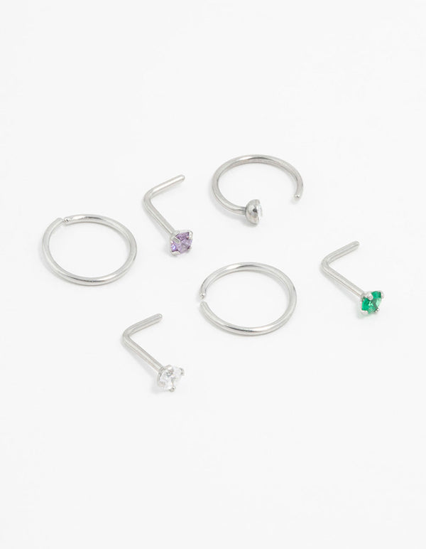 Surgical Steel Pastel Cubic Zirconia Nose Stud & Ring 6-Pack