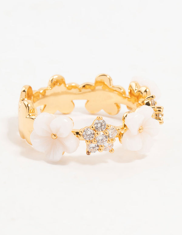 Gold Plated Alternating Flower Cubic Zirconia Band Ring