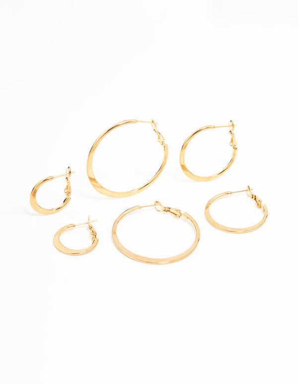 Waterproof Gold Plated Stainless Steel Thin Hoop Earrings 3-Pack