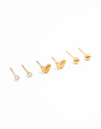 Waterproof Gold Plated Stainless Steel Butterfly & Classic Stud Earrings 3-Pack - link has visual effect only