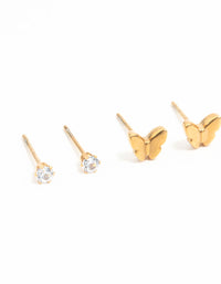 Waterproof Gold Plated Stainless Steel Butterfly & Classic Stud Earrings 3-Pack - link has visual effect only