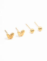 Waterproof Gold Plated Stainless Steel Butterfly & Classic Stud Earrings 3-Pack - link has visual effect only