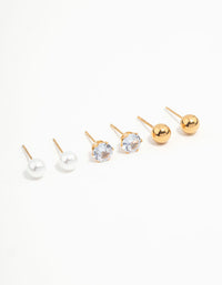 Waterproof Gold Plated Stainless Steel Mixed Stud Earrings 3-Pack - link has visual effect only