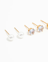 Waterproof Gold Plated Stainless Steel Mixed Stud Earrings 3-Pack - link has visual effect only