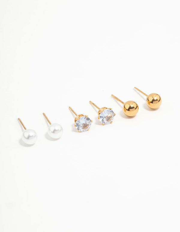 Waterproof Gold Plated Stainless Steel Mixed Stud Earrings 3-Pack