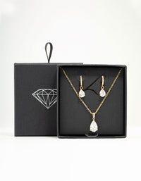 Gold Cubic Zirconia Drop Necklace & Stud Earrings Set - link has visual effect only