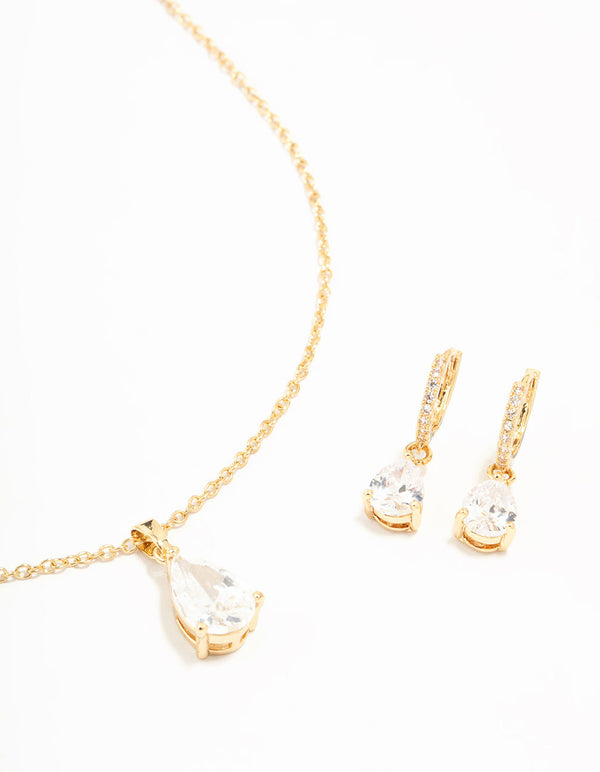 Gold Cubic Zirconia Drop Necklace & Stud Earrings Set