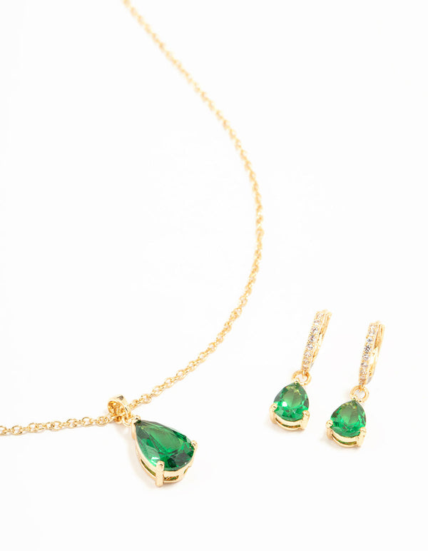 Emerald Teardrop Diamante Drop Necklace & Earrings Set