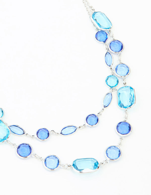 Blue Rectangle Diamante Stone Rhodium  Layered Necklace