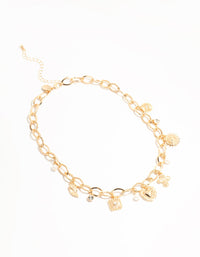 Gold Pearl & Heart Charm Short Necklace - link has visual effect only