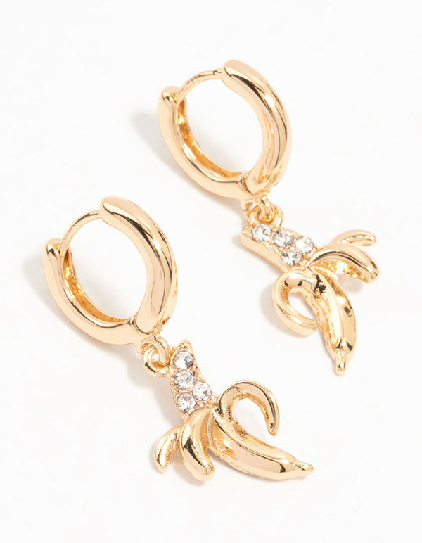 Gold Diamante Banana Drop Huggie Earrings