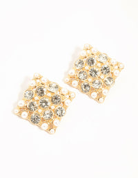 Gold Pearl & Diamante Square Stud Earrings - link has visual effect only