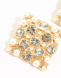 Gold Pearl & Diamante Square Stud Earrings - link has visual effect only