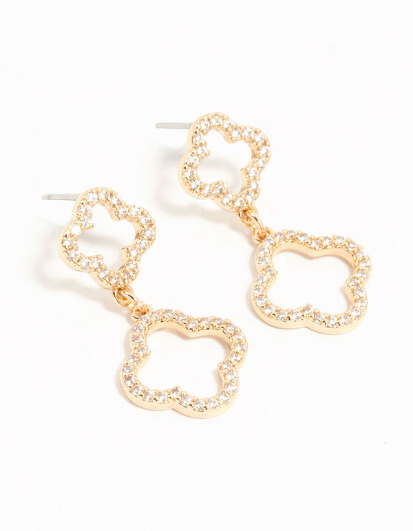 Gold Cubic Zirconia Clover Drop Earrings