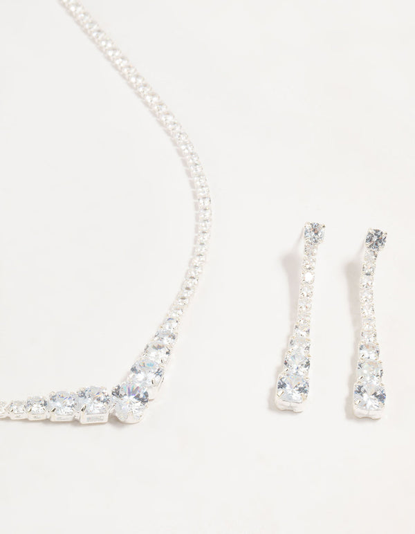 Silver Cubic Zirconia Pointed Earrings & Necklace Set