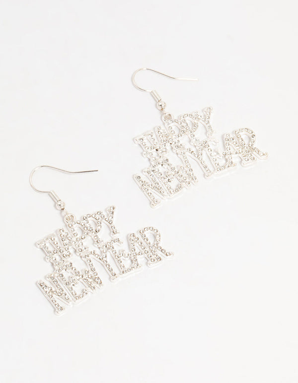 Silver Happy New Year Diamante Drop Earrings