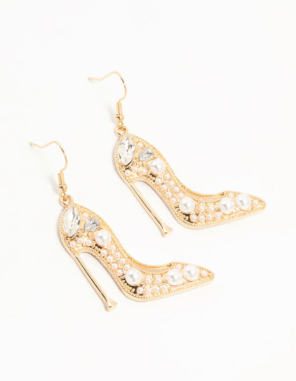 Gold Pearl Heels Drop Earrings