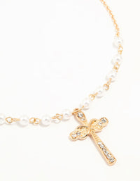 Gold Pearl Cross Diamante Pendant Necklace - link has visual effect only