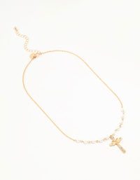 Gold Pearl Cross Diamante Pendant Necklace - link has visual effect only