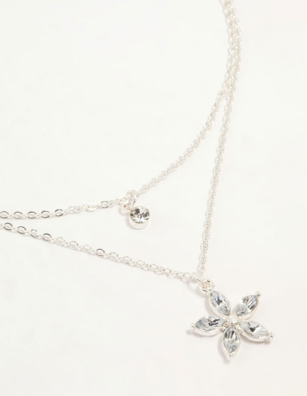 Silver Diamante Flower Layered Necklace