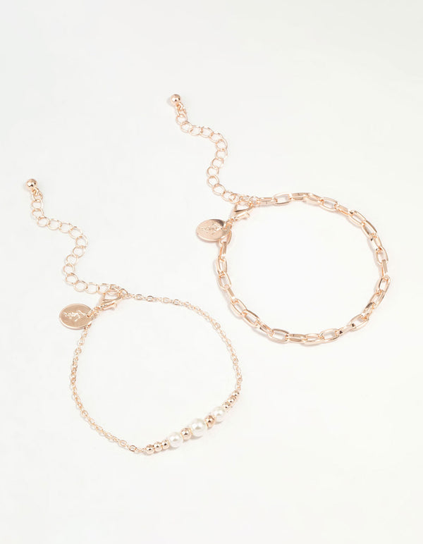 Rose Gold Chain Link & Pearl 2-Pack Bracelet