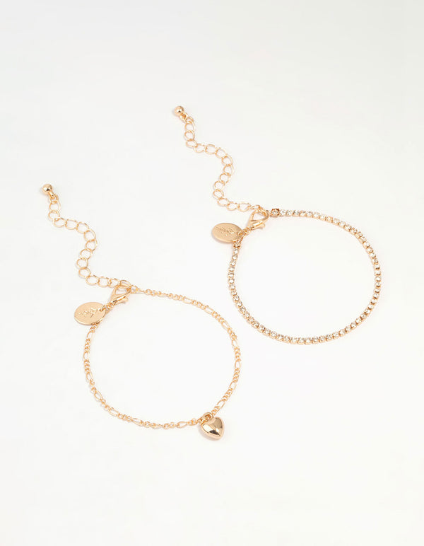 Gold Diamante Chain & Heart Bracelets 2-Pack