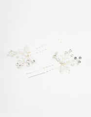 Silver Leaf Pearl & Diamante Bobby Pins 2-Pack