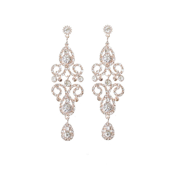 Rose Gold Crystal Bead Filigree Swirl Chandelier Earrings