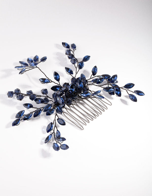 Blue Gunmetal Floral Gem Comb