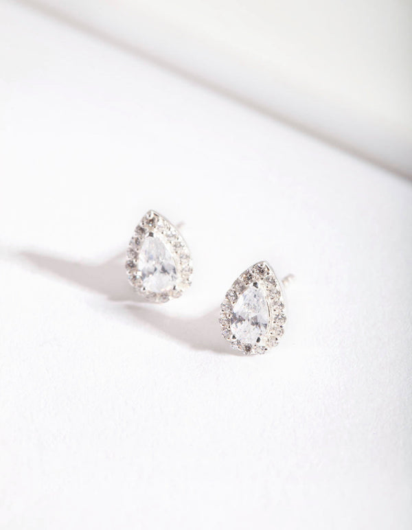 Silver Cubic Zirconia Teardrop Halo Stud Earrings