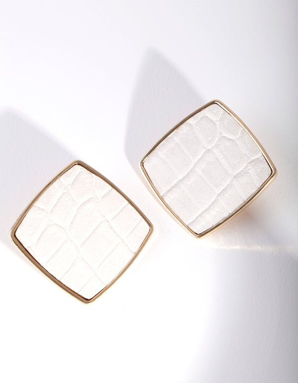 Gold White Crocodile Square Stud Earrings