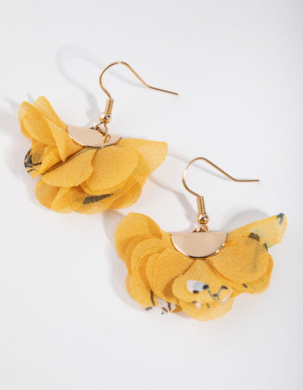 Gold Fabric Flower Drop Earrings