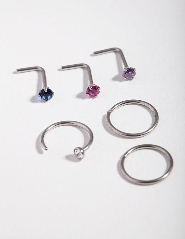 Rhodium Diamante Nose Piercing 6-Pack