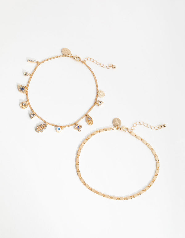 Gold Evil Eye Charm Anklet Pack