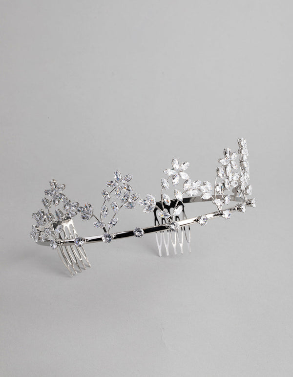 Rhodium Cubic Zirconia Draped Flower Tiara