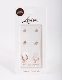 Rose Gold Plated Sterling Silver Cubic Zirconia Stud & Hoop Earring Pack - link has visual effect only