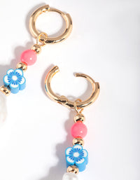 Gold Bright Bead & Pearl Huggie Hoop Earrings - link has visual effect only