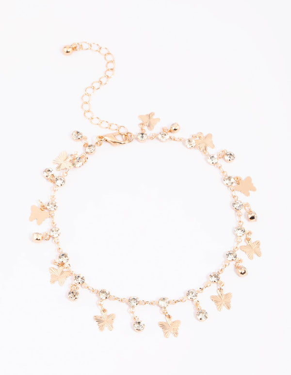 Gold Diamante Butterfly Statement Anklet