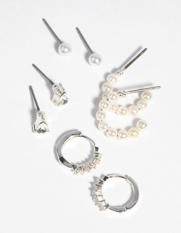 Silver Plated Diamante & Freshwater Pearl Stud Earring Pack